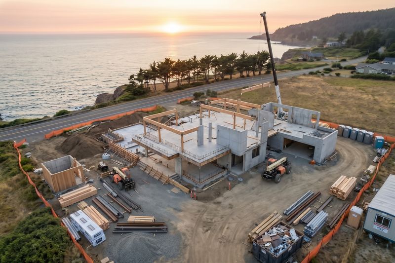Concrete structure and first beams going up on a coastal site
